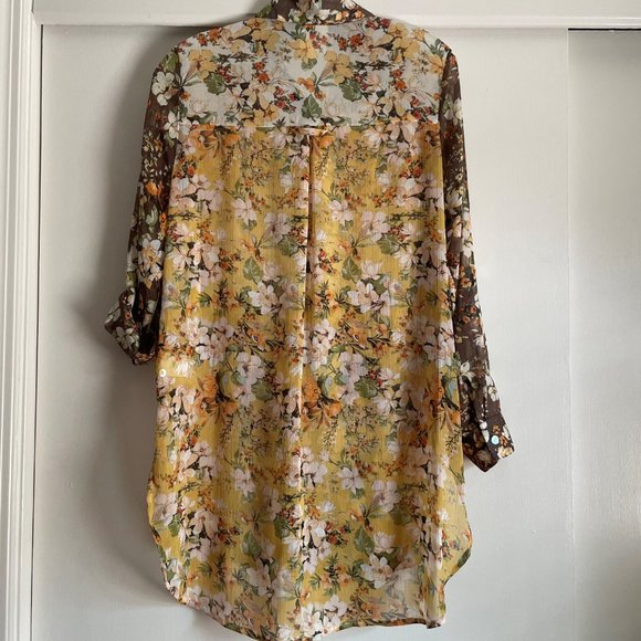Anthro Fig & Flower Fall Floral Tab Sleeve Button Down Tunic Blouse S Semi Sheer - Picture 9 of 13